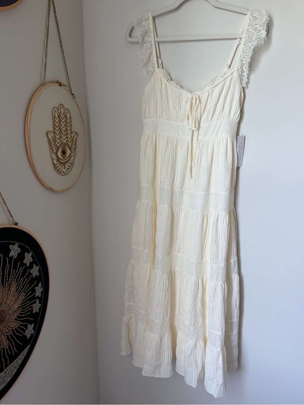 Cream Lace Trim spaghetti strap Tiered maxi Dress